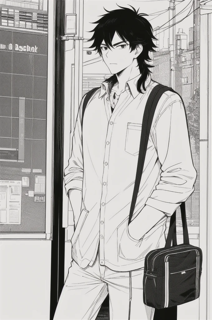 masterpiece, best quality, 1man, uniform, hand in pocket, school bag, black hair, black eyes, cyberpunk, street, monochrome, lineart