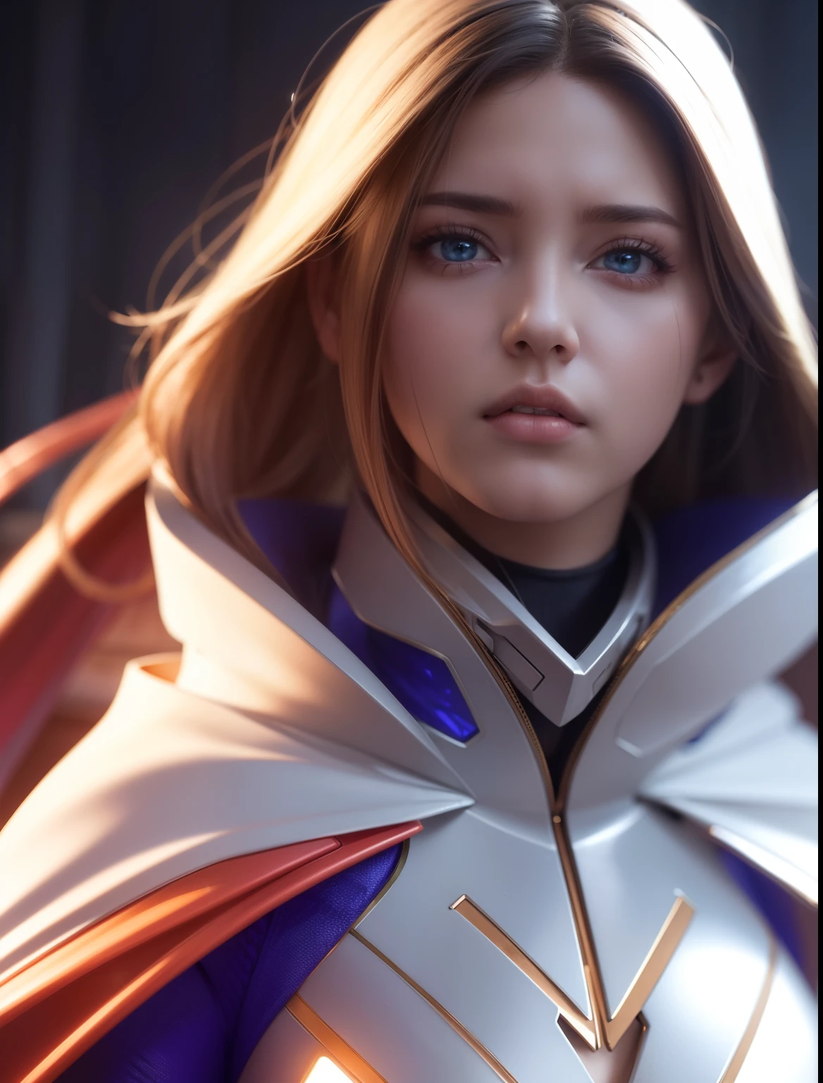 Waist up ((Extremely detailed asymmetric realistic masterpiece)) hyperrealistic masterpiece, Superhero very beauty girl ((in futuristic aesthetic style)) in extremely detailed tech plugsuit, cinematic illumination: 8k, glowing, concept art, smooth, sharp focus, illustration
