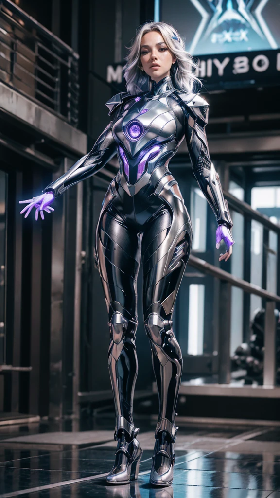 1girl, ultra realistic, ultra crisp, NVIDIA RTX, unreal engine, perfect slim body, realistic face, perfect face, realistic body, epic skin details, white hair, hair blown with strong winds, hyper rendering, ultra details, glowing eyes, purple eyes, blush, parted lips, cybernetic ear, cybernetic metalic hands, cybernetic metalic legs, luminous cybernetic futuristic metalic mechanical body, ultra realistic lights reflection details, ((full body shown)), from below, posing in the middle.