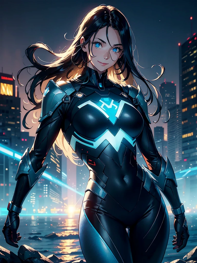 16K, HDR,UHD, RTX, ray tracing, chiaroscuro, best quality, masterpiece, ethereal, perfect illustration, digital artwork, trending on artstation, jaw-dropping perfection, ultra realistic, textured amazing lighting effects, perfect shadows, WLOP, 1girl, beautiful mature edgy woman in a cool long jacket and black pants, superhero suit, stomach covered by clothing, shoulder-length hair, shoulder-length hair, wavy hair, black hair, highly detailed glowing blue eyes, glowing eyes, blue eyes, beautiful glowy blue eyes, detailed eyes, beautiful face, perfect anatomy, broad shoulders, strong upper-body, modern city, city, beautiful weather, stunning sunshine, sunny, daylight, sunlight, modern, nature, daytime, superhero, uplifting, heroic, heroic pose, smiling, smiling at camera, athletic, hands near hips, glowy eyes, daytime, black and blue superhero suit, metal shoulder-pads, summertime, radiant sunlight, beautiful cityscape, hair blowing in wind, manly shoulders, big smile, wide smile, happy eyes, joyful, smiling with teeth, very tall, wide shoulders, sunlight, daylight, daytime