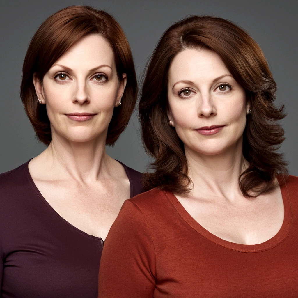 2heads, two headed mom, age 44, curvy, pale skin, brown hair, casual clothes,