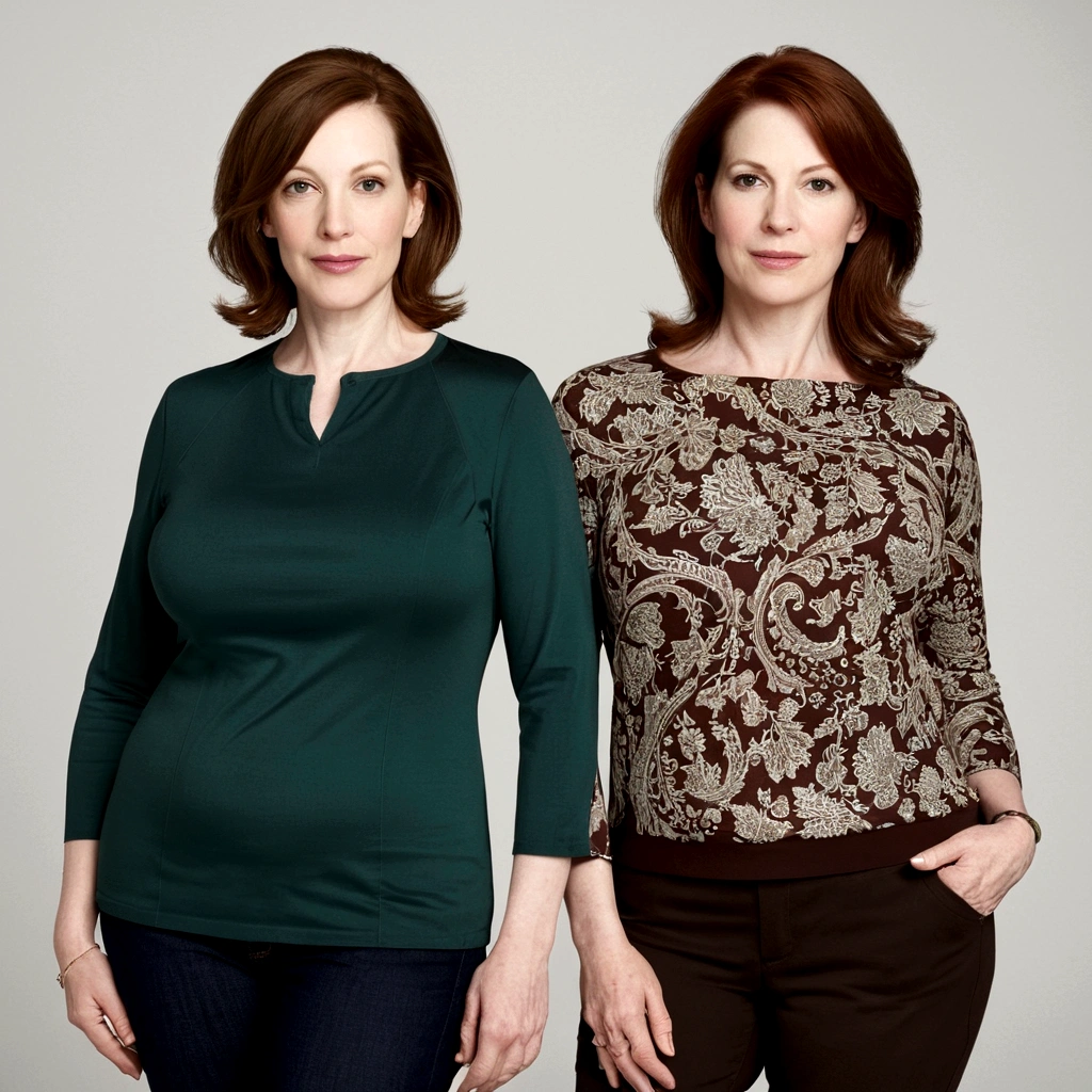 2heads, two headed mom, age 44, curvy, pale skin, brown hair, casual clothes,