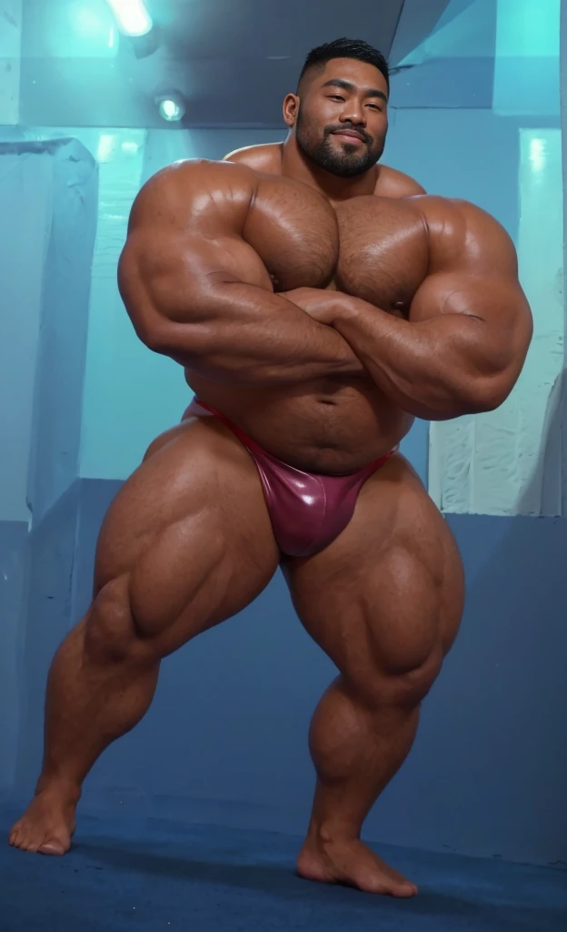 There is only one handsome Asian actor in the photo,35 years old,High target, Fitness,short hair, O-Shaped Beard,Perfect body, Dark skin color,Radiant Skin,Smooth skin,Shiny, shiny skin,Smooth pectoral muscles,No chest hair,No body hair,Muscle bulge, muscular, Very large pectoral muscles,Very sexy abdominal muscles,Very well-developed leg muscles,Huge concave and convex area,Brightens oily skin,Wearing a pink leather shiny thong,Handsome face, Correct and accurate male body proportions