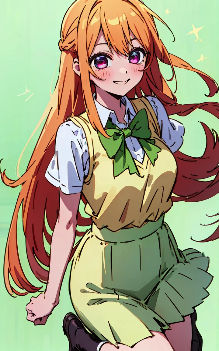 Ruby hoshino, long bponde hair, ruby dessed up as Yotsuba Nakano, long blonde hair with pink highlights, sparkling red pink eyes, star eyes, sparkling eyes, sweet face, cheery, playful happy face, lovely, 4k, perfect quality, excellent fusion, excellent character design, green ribbon, sleeveless yellow sweater, collared white short sleeved shirt, green bow tie, green pleated skirt, bright colors, pastel coloured image, vivid colours, light colours, simple background, magic hill background, splendid nature, natural light, daylight, full body, full shot, dinamic pose, extremely detailed, clean lineart, neat, smile