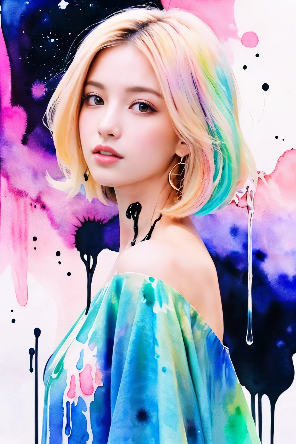 Pink Fashion T-Shirt:1.9),(colorfulな髪: 1.8), (All the colors of the rainbow: 1.8),(((((vertical painting:1.6))), (painting:1.6),front, comics, figures, paintings, Big eyes, Clear eyes,( Rainbow gradient high ponytail:1.7), Exquisite makeup, Mouth closed,(Small Fresh: 1.5),(Wipe the chest: 1.6) ,Long eyelashes, White off-the-shoulder T-shirt, White shoulder shirt,Looking at the audience, Big teary eyes, (Rainbow Hair:1.6), カラーsplash, (alone:1.8), カラーsplash, An explosion of colors, thick paint style, Messy Lines, ((The Shining)),(colorful), (colorful), (colorful), colorful, Thick paint Style, (splash) (Color splash), Vertical painting, Upper Body, paint splash, Acrylic Pigments, Slope, paint, Best image quality, highest quality, masterpiece, alone, Depth of written boundary, Face paint, colorful clothes, (elegant: 1.2), nice,Long Hair, Wind, (elegant: 1.3), (petal: 1.4),(((masterpiece))),(((highest quality))),((Super detailed)),(figure),(Dynamic Angle),((floating)),(paint),((Disheveled Hair)),(alone),(One girl) , (((Detailed anima face))),((Beautifully detailed face)),collar,Exposing shoulders,Gray Hair, ((colorful hair)),((Striped Hair)),Beautiful fine details,(Slope color eyes),(((colorful eyes))),(((colorful background))),(((High chroma))),(((surrounded by colorful splashes))),