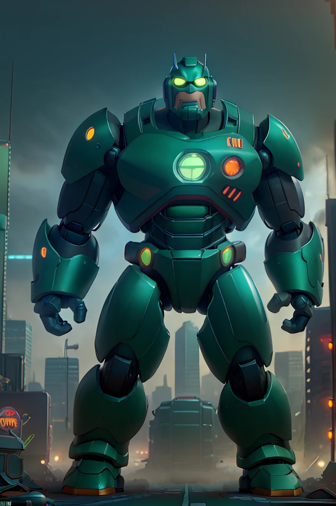 a big muscular green cartoon robot, urban city background, rusty mechanical body, highly detailed, cinematic lighting, octane render, 8k, hyperdetailed, photorealistic, volumetric fog, dynamic pose, gritty, moody atmosphere, dramatic shadows, neon city lights, chrome mechanical parts, glowing blue energy core