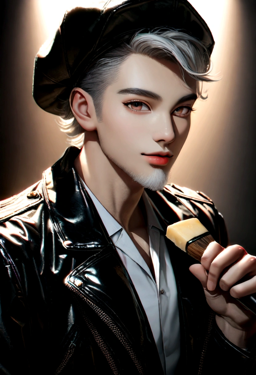 Handsome mid-young man wearing a leather jacket, wearing a cap, with silver hair, holding ice cream, silver messy hair, handsome, sexy and masculine beauty, some beard, repairing a car in a very cool pose, super detailed face, (8k, RAW photo, photorealistic:1.25) ,( lipgloss, eyelashes, man, gloss-face, glossy skin, dark skin, dark snik, male, best quality, ultra highres, young man, depth of field, chromatic aberration, caustics, Broad lighting, natural shading, Kpop idol) looking at viewer with a serene and god-like happiness,