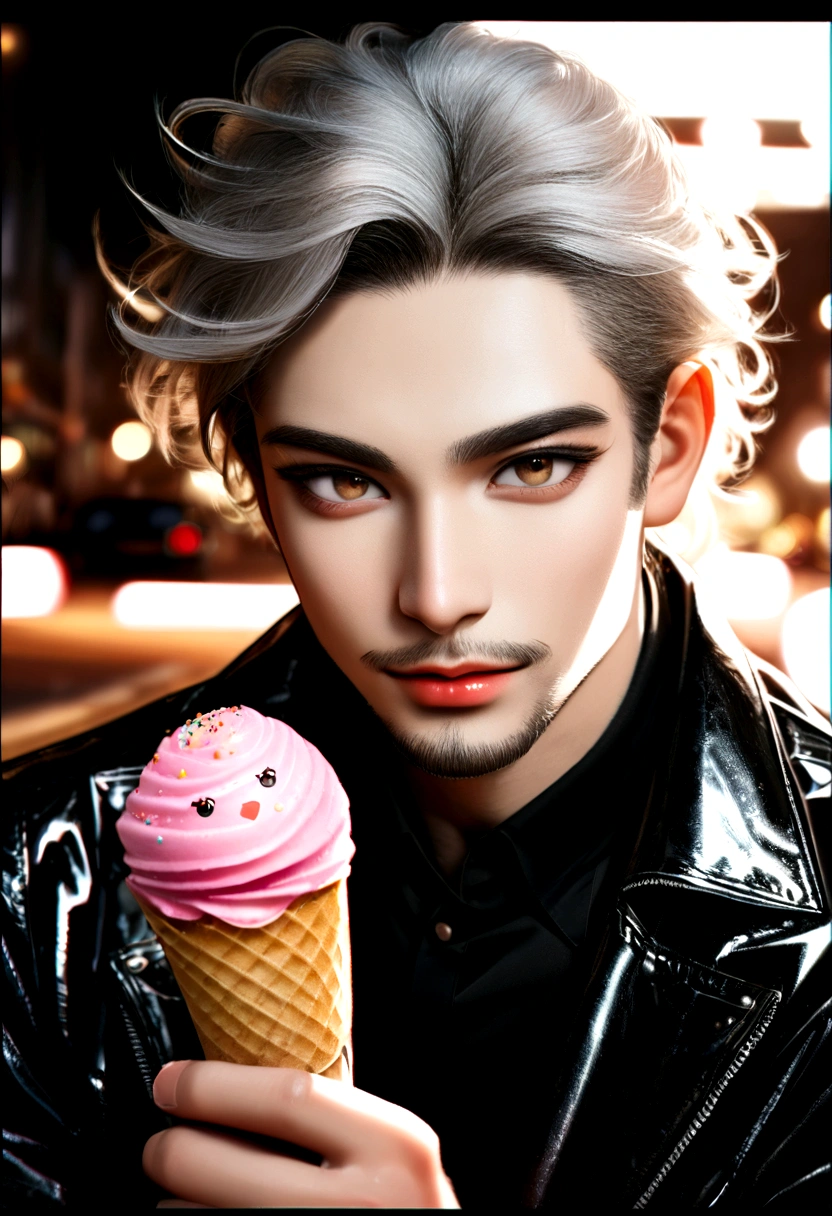 Handsome mid-young man wearing a leather jacket, wearing a cap, with silver hair, holding ice cream, silver messy hair, handsome, sexy and masculine beauty, some beard, repairing a car in a very cool pose, super detailed face, (8k, RAW photo, photorealistic:1.25) ,( lipgloss, eyelashes, man, gloss-face, glossy skin, dark skin, dark snik, male, best quality, ultra highres, young man, depth of field, chromatic aberration, caustics, Broad lighting, natural shading, Kpop idol) looking at viewer with a serene and god-like happiness,