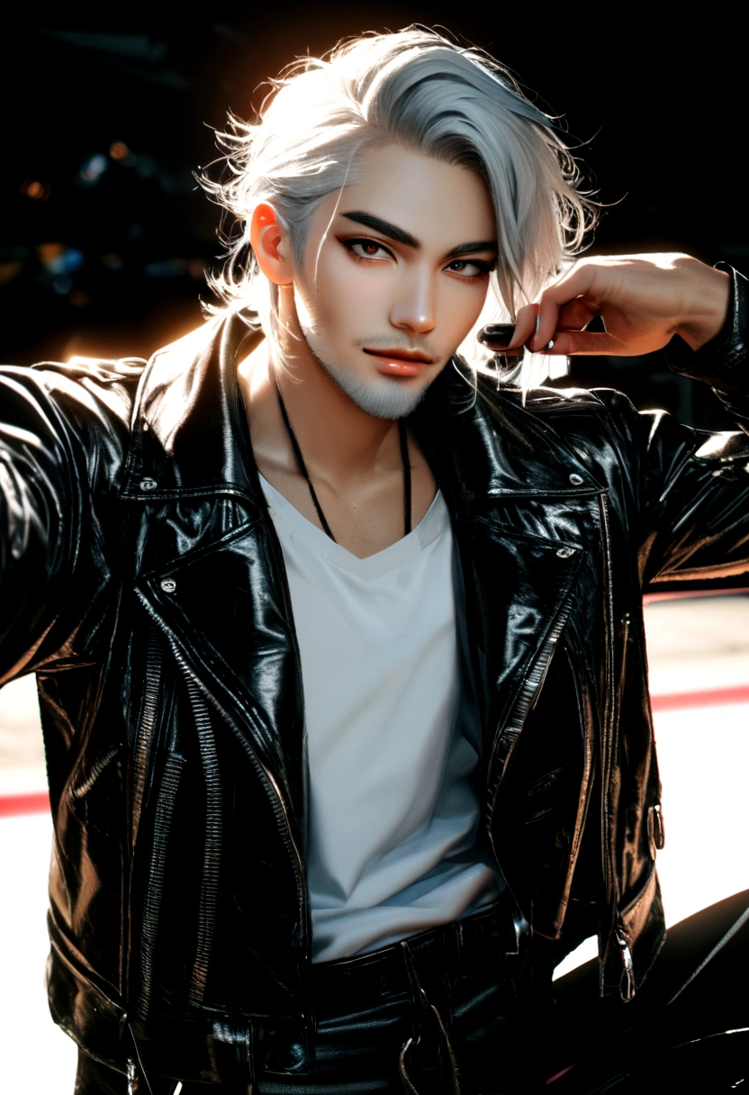 Handsome mid-young man wearing a leather jacket, wearing a cap, with silver hair, holding ice cream, silver messy hair, handsome, sexy and masculine beauty, some beard, repairing a car in a very cool pose, super detailed face, (8k, RAW photo, photorealistic:1.25) ,( lipgloss, eyelashes, man, gloss-face, glossy skin, dark skin, dark snik, male, best quality, ultra highres, young man, depth of field, chromatic aberration, caustics, Broad lighting, natural shading, Kpop idol) looking at viewer with a serene and god-like happiness,