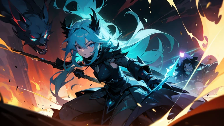 1girl, braided blue hair, black skin, has black horns and controls blue fire