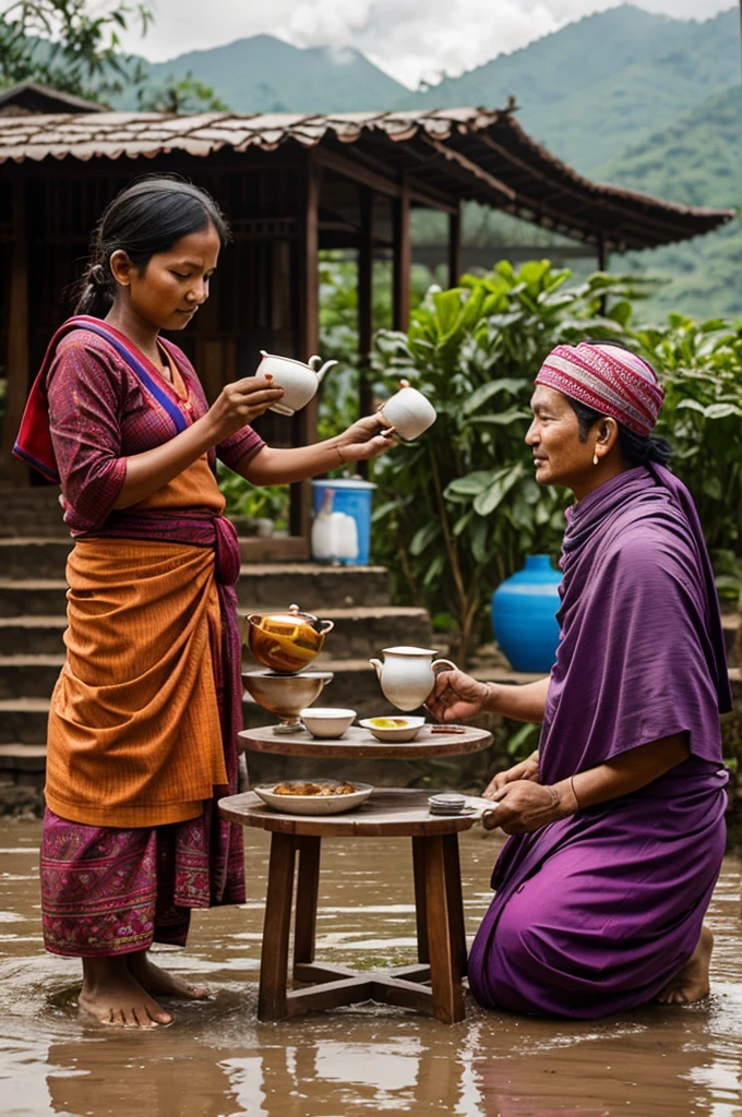 Nepali people drinking tea in rainny season