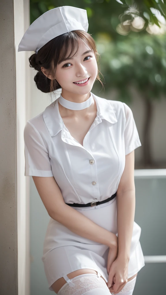 Top quality, Photo Real, High resolution, Detailed Background, (((Beautiful skin in every detail))), Detailed nose, (((Without makeup1.100))),(((Completely no makeup))),((Clear and beautiful skin with transparency1.100)),Soft lighting, (Solo Shot:1.9),(((Thick fabric round collar nurse uniform1.15))),(((She is wearing a white clothes which is completely buttoned1.20))),(tight clothing1.8),(((She is wearing a cute shape plain color nurse cap))),Neat clothes with little exposure,(((Very soft-looking thighs1.30))),(((Short skirt))),(((Neck choker))),(((Garter belt))),Little close-up shot, (((Shooting above the knee))),Nice hands, Perfect hands, Clear Eyes,Pale skin,1 beautiful woman, (Japanese girl1.55),(((Around 1.20))),(Permed hair1.8),(((Bun hair1.8))),(((Soft-looking chest1.10))),(((A very large and well-shaped chesthidden under clothes1.10))),(((Cute lips1.20))),(((Great style1.55))), (Open-mouthed and smiling very happily1.10),(She is laughing heartily with her mouth wide open, and she looks so cute1.20),Beautiful eyes,Looking up with eyes,Staring at me,staring directly,smile towards,(She is looking straight at me from the front1.15),((Accurate structure of the limbs1.20)),(((She is working at a cutting edge and stylish hospital1.20))),