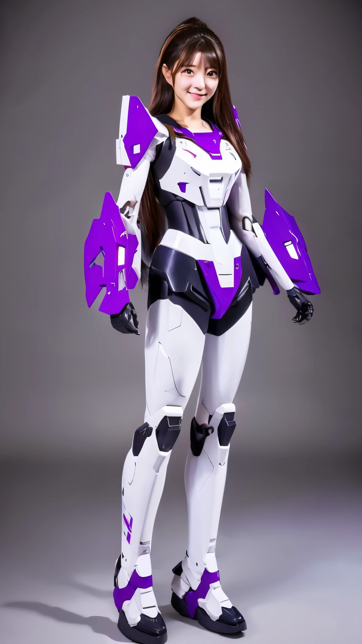 RAW, Masterpiece, Ultra Fine Photo,, Best Quality, Ultra High Resolution, Photorealistic, Sunlight, Full Body Portrait, Stunningly Beautiful,, Dynamic Poses, Delicate Face, Vibrant Eyes, a full body of a woman in a purple and white gundam custume, dybamic pose, long brown very very long hair rapunzel, girl in mecha cyber armor, portrait armored astronaut girl, d. va from overwatch, female mecha, on a gundam, gundam head, chiho aoshima color scheme, mobile suit, streamlined purple armor, fully robotic!! girl, realistic cosplay, gundam armor , full body, sit down, full body