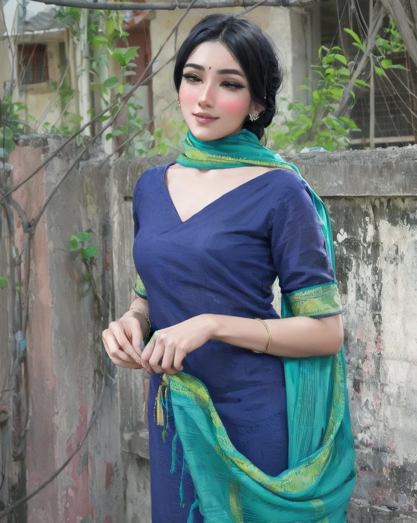 Sexy woman, black hair tied in a bun, smokey eyes, eyeliner, glossy lips parted, blushing intensely, smiling, wearing maroon kurta pajama with maroon sheer shawl, sitting on bed