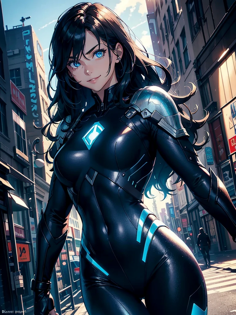 16K, HDR,UHD, RTX, ray tracing, chiaroscuro, best quality, masterpiece, ethereal, perfect illustration, digital artwork, trending on artstation, jaw-dropping perfection, ultra realistic, textured amazing lighting effects, perfect shadows, WLOP, 1girl, beautiful mature edgy woman in a cool long jacket and black pants, superhero suit, stomach covered by clothing, shoulder-length hair, shoulder-length hair, wavy hair, black hair, highly detailed glowing blue eyes, glowing eyes, blue eyes, beautiful glowy blue eyes, detailed eyes, beautiful face, perfect anatomy, broad shoulders, strong upper-body, modern city, city, beautiful weather, stunning sunshine, sunny, daylight, sunlight, modern, nature, daytime, superhero, uplifting, heroic, heroic pose, smiling, smiling at camera, athletic, hands near hips, glowy eyes, daytime, black and blue superhero suit, metal shoulder-pads, summertime, radiant sunlight, beautiful cityscape, hair blowing in wind, manly shoulders, big smile, wide smile, happy eyes, joyful, smiling with teeth, very tall, wide shoulders, sunlight, daylight, daytime
