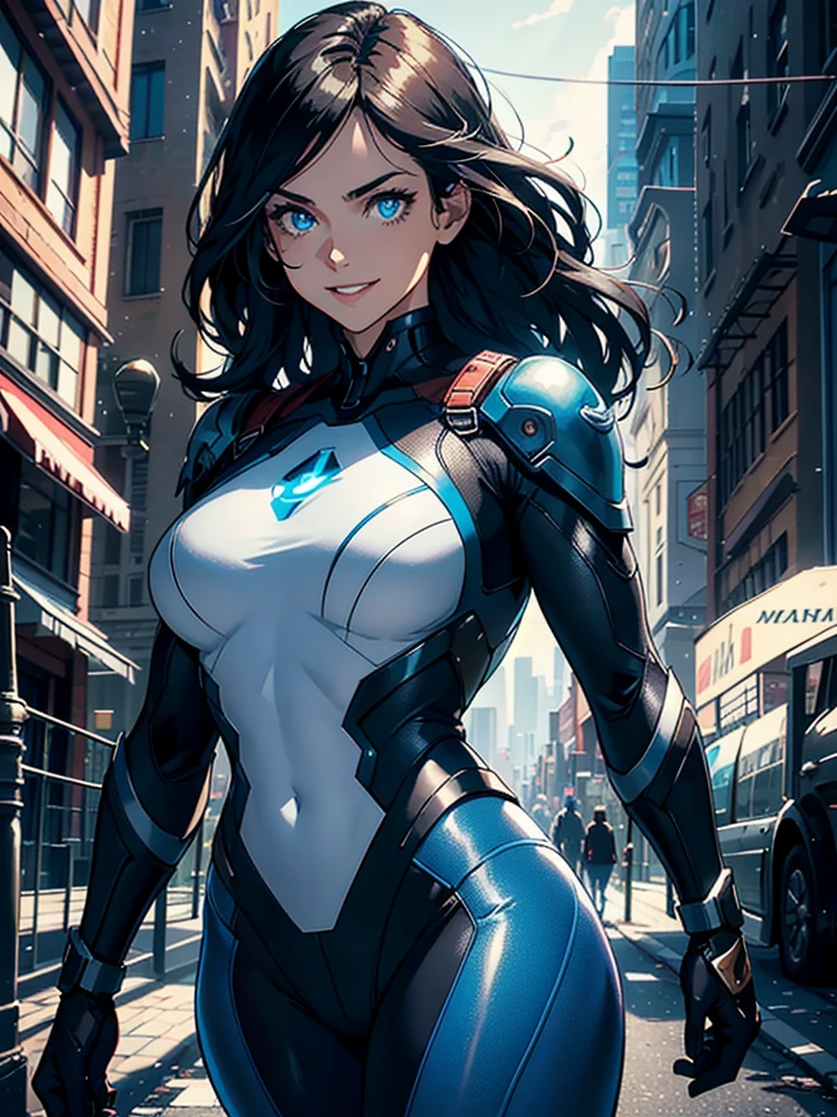 Nijistyle, muscular superheroine, corpo perfeito e proporcional, pose sexy, corpo inteiro, estrelas de 5 pontas, garota sorridente de cabelo super curto loiro, American influence, wearing Captain America's outfit, Michael Creese, usando um escudo redondo, Michael Hussar, fundo branco, short cut, roupa azul vermelho e branco, melhor qualidade, alta qualidade, foto editorial, absurdres, obra-prima, detalhe intrincado, grain of film, suas delicadas faculdades humanas seguram as notas ilustradas 2D, detalhe 4k, passo a passo