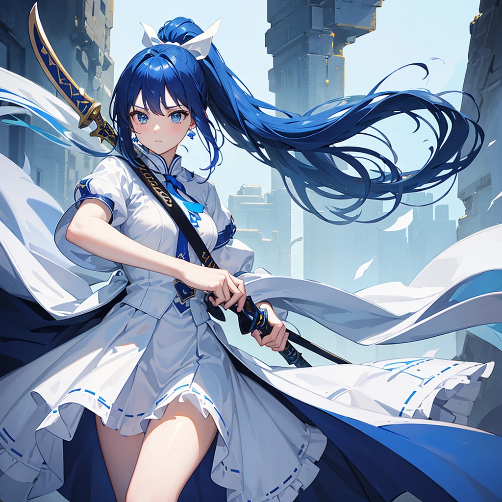 high resolution、high quality、masterpiece、detailed、1 female、Blue Hair、ponytail、White ribbon、White clothing with blue decorations、blue tie、Blue long skirt、Holding a large sword with both hands, he holds it in a straight stance.、