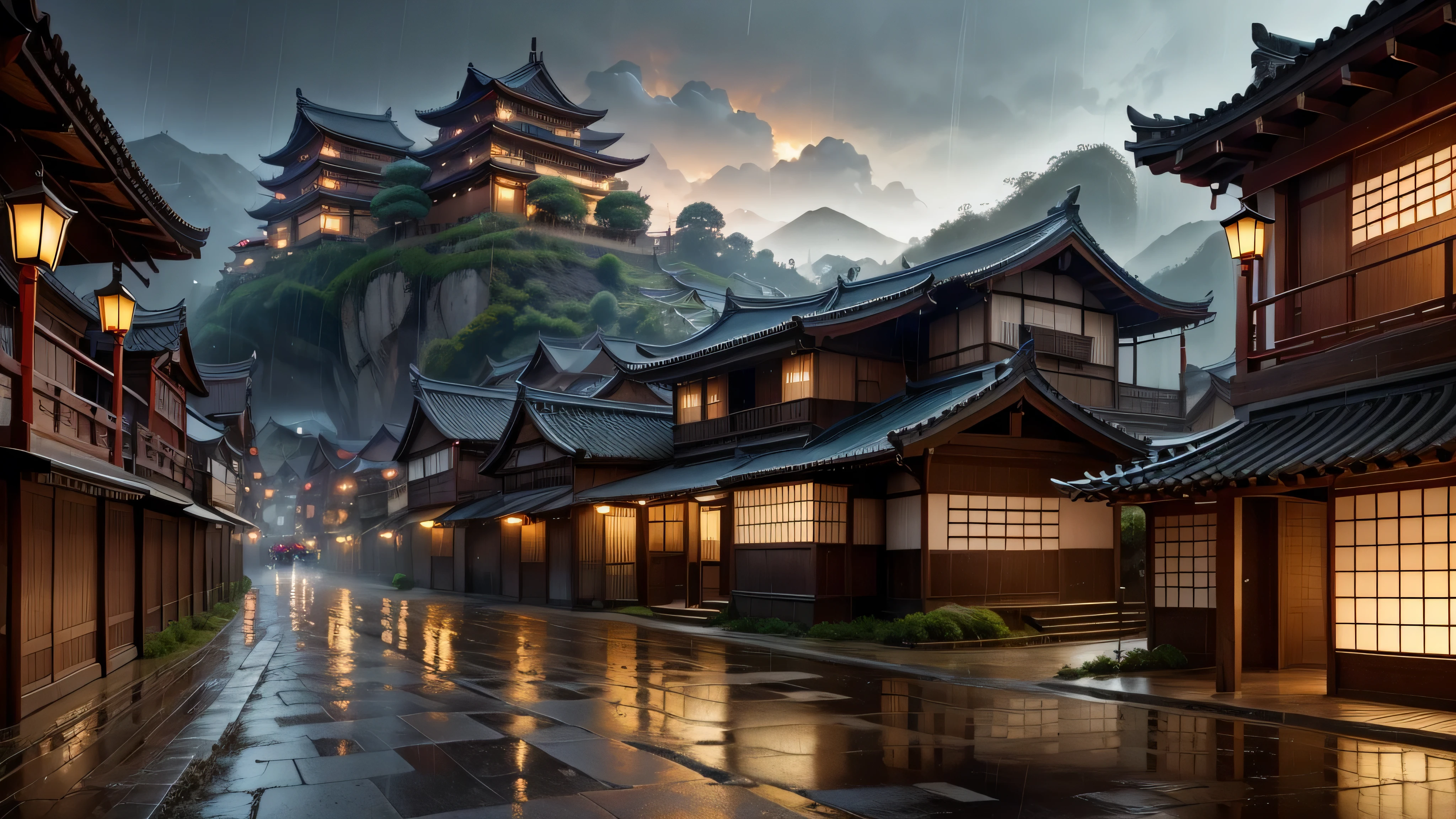 panoramic view of a village with many lights on the buildings, dreamy chinese town, chinese village, amazing wallpaper, japanese city, japanese village, hyper-realistic photo of a city, old asian village, japanese city, por Raymond Han, raining night, cyberpunk chinese ancient castle, beautifully lit buildings, at night during the rain, beautiful and aesthetic, fot, cinematic, 8K, highy detailed ((chuva pesada)))