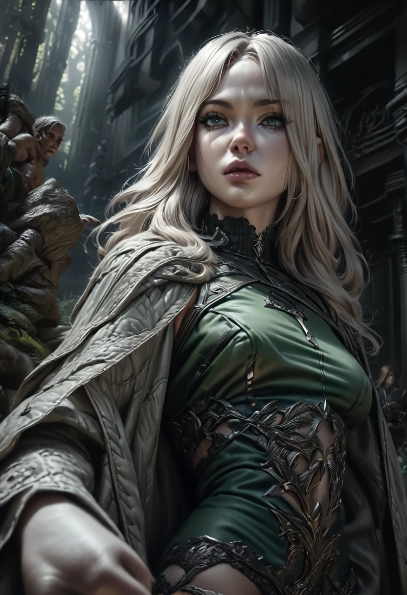 A beautiful female hot elven archer, long platinum hair, piercing green eyes, pale skin, holding a jade war-bow, dark fantasy setting, moody atmosphere, gothic aesthetic, (best quality,4k,8k,highres,masterpiece:1.2),ultra-detailed,(realistic,photorealistic,photo-realistic:1.37), extremely detailed facial features, intricate details, cinematic lighting, dramatic shadows, muted color palette, dramatic composition