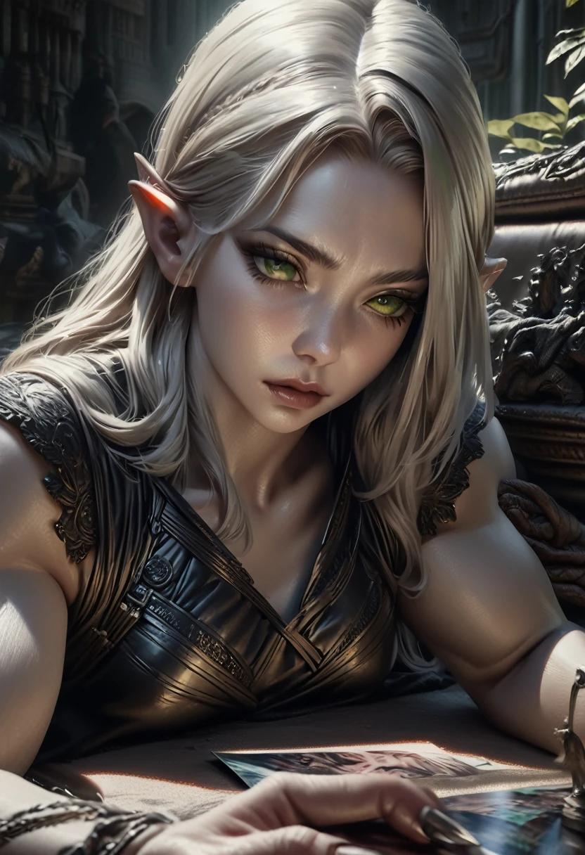 A beautiful female hot elven archer, long platinum hair, piercing green eyes, pale skin, holding a jade war-bow, dark fantasy setting, moody atmosphere, gothic aesthetic, (best quality,4k,8k,highres,masterpiece:1.2),ultra-detailed,(realistic,photorealistic,photo-realistic:1.37), extremely detailed facial features, intricate details, cinematic lighting, dramatic shadows, muted color palette, dramatic composition