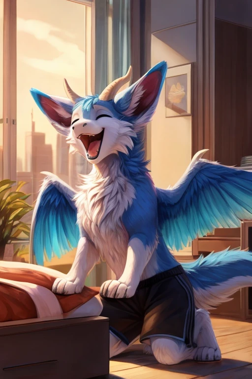Furry art, feral, furred dragon, female, white and blue fur, wings, big ears, four ears, many ears, horns, chest fluff, paws, happy, blind, eyes closed, quadruped, wearing t-shirt, wearing black t-shirt, wearing shorts, wearing black shorts, singing, singing loudly, apartment, city apartment, large window, natural light, cityscape, golden hour lighting
