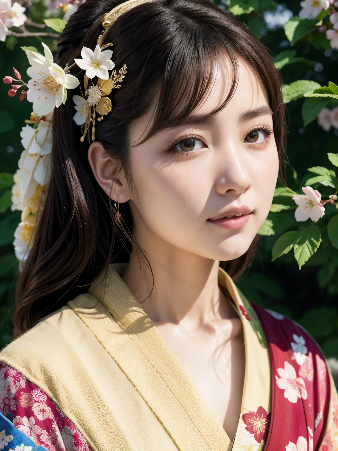 (high quality), (masterpiece), (detailed), 8K, Hyper-realistic portrait depicts (Japanese girl1.3) with intricate (traditional kimono1.2) and delicate (cherry blossom1.2) hair accessories. Soft (natural light1.2) illuminates her (porcelain skin1.3) and (vibrant brown eyes1.2). In style of Hajime Sorayama, trending on Artstation.