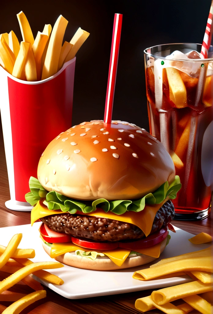 hamburger, french fries, One glass of soda, Super detailed, Ultra-realistic, High resolution