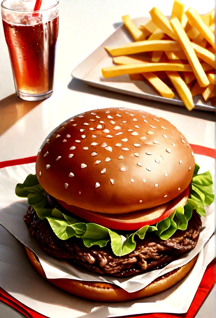 hamburger, french fries, One glass of soda, Super detailed, Ultra-realistic, High resolution