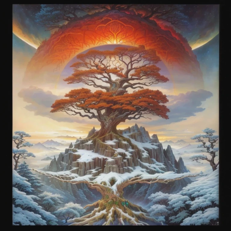 a painting of a tree on a mountain with a sky background, the world tree, world tree, Rob McNaughton, detailed cover, the tree of Life, Yggdrasil, fantasy art realistic painting, cosmic tree of Life, collective civilization tree, inspired by Johfra Bosschart, tree of Life seed of doubt, fantasy tree, tree of Life