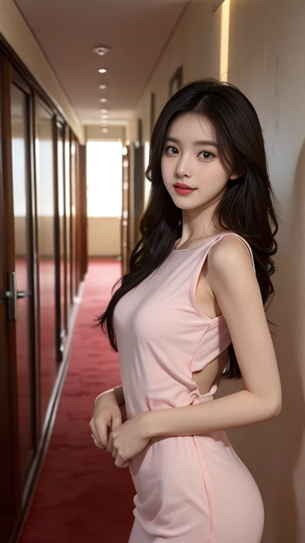 1 Girl,corridor,Soft Light,Chinese Beauty,Tight Fit,dress,Dark-haired,long hair,