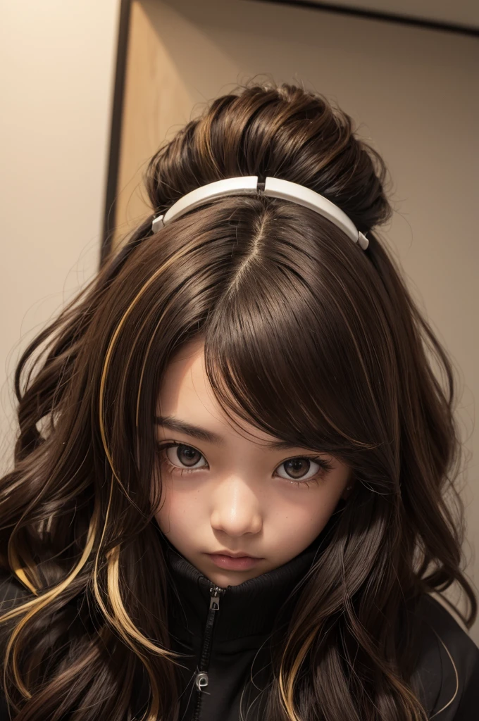 , black cabwlo with a blonde streak, dark brown eye, use device