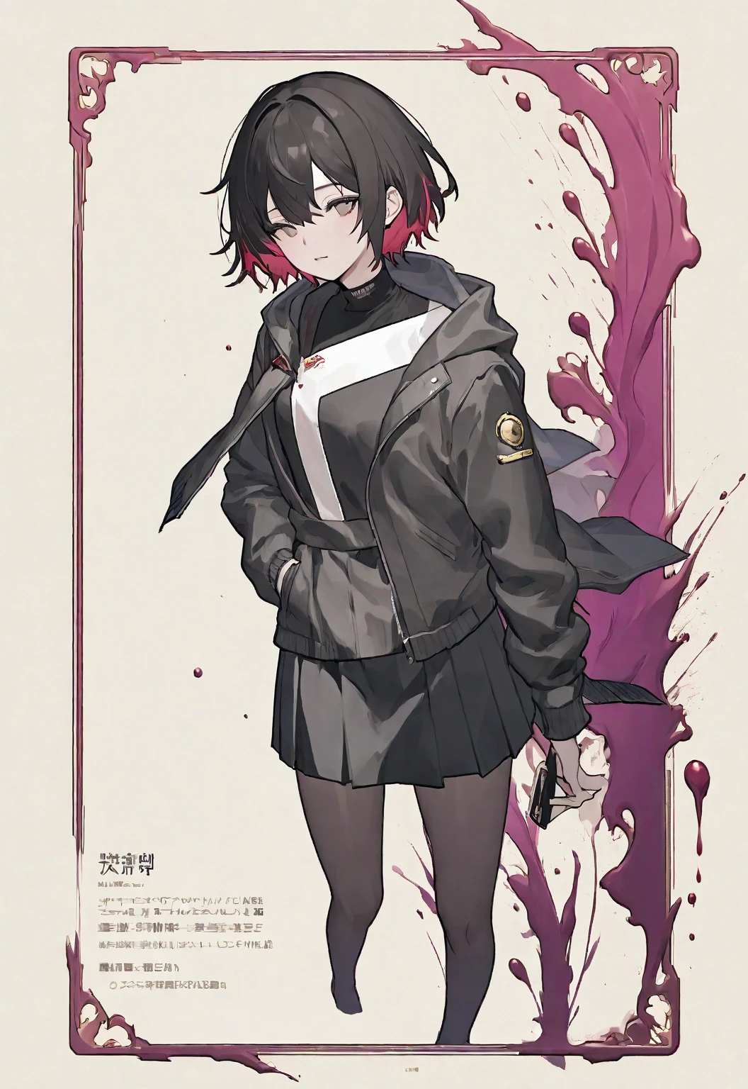 A card border UI,Modern urban minimalist style,Suspense style,Profile Style。Leave a square blank space in the middle,No characters。There is a ruby under the card border.。Parchment backing,There are blood stains on it。Black and White、yellowish、Purple main color。