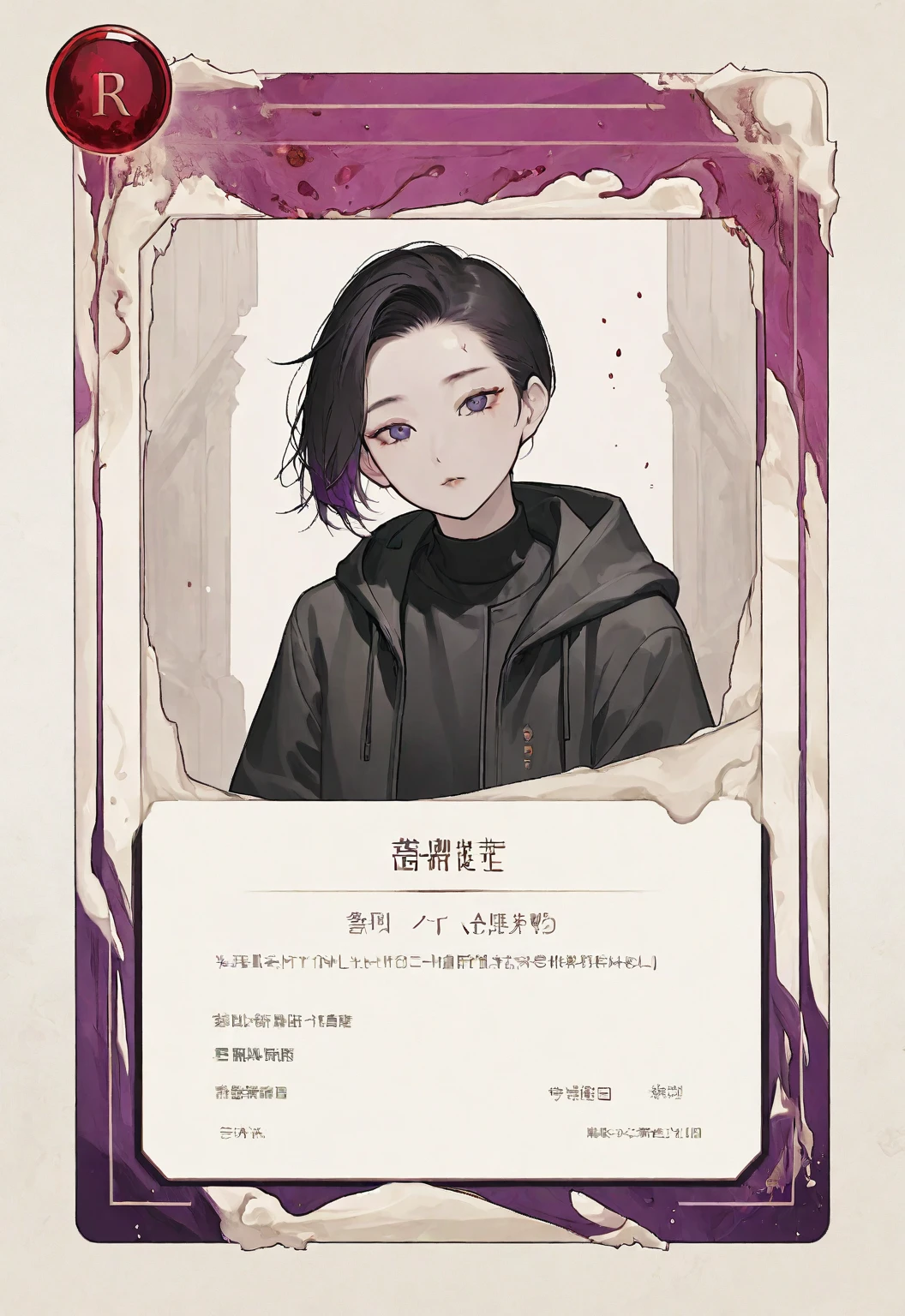 A card border UI，Modern urban minimalist style，Suspense style，Profile Style。Leave a square blank space in the middle，No characters。There is a ruby under the card border.。Parchment backing，There are blood stains on it。Black and White、yellowish、Purple main color。