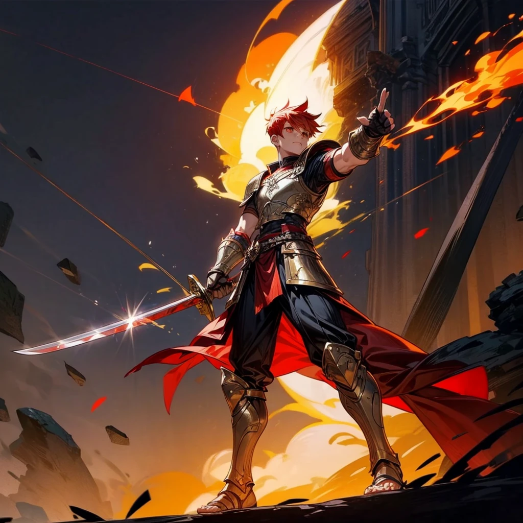 1boys, Full body version, orange eyes, undercut hair, red colour hair, very angry expression, gladiator clothing, short sleeve shirt, gladiator skirt, gold big armor body, bodybelt, gladiator sandals, Spatha sword in hand, (war gesture), Grassroots background in war, Full background, night, moonlight behind, moonlight silhouette, explosion, fire, fire background, blood on face, blood on sword, blood on armor, fire sword