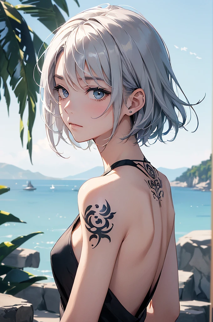 (Image from chest up:1.4)((masterpiece:1.5,Highest quality,Beautiful images、Sketch、2.5D、Ink Painting、Abstract、Artistic、Portraiture))(1girl, solo)(medium breasts, white hair、short hair、sideboob、Exposing shoulders、Tattoo on shoulder)(Profile Portrait,Gaze sideways、Gaze diagonally、Shake your head、A sad expression, floating hair)(Monotone Abstract Background)((from backside:1.3)),Landscape