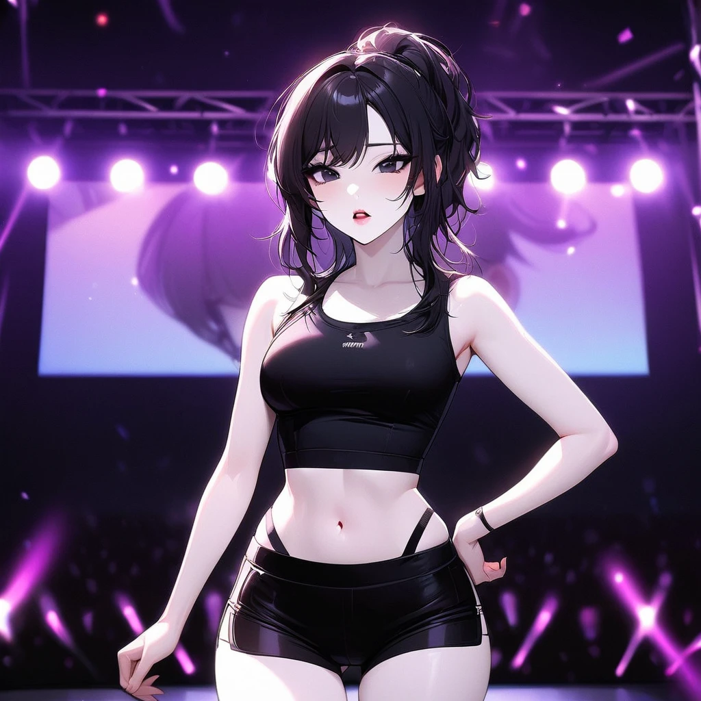 Girl, K-pop, idol, singing, stage, purple lights, beautiful, ethereal, Korean, hot, girl crush concept, pale skin, defined lips, curves, face focus, wink, korean, black hair, black eyes, crop top, booty shorts, slim, pretty, delicate