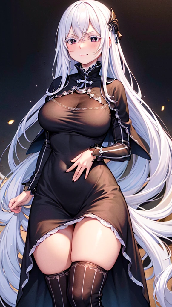 masterpiece)),((Highest quality)),High resolution,Extremely detailed CG,Perfect lighting,8k wallpaper、One Woman, Adult women、alone、Very large breasts、Very large breasts、Enlarge breasts、very thick legs、Looking into the camera、Long black dress、Black clothes、The body line is clear、Hide your chest