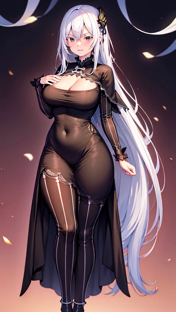 masterpiece)),((Highest quality)),High resolution,Extremely detailed CG,Perfect lighting,8k wallpaper、One Woman, Adult women、alone、Very large breasts、Very large breasts、Enlarge breasts、very thick legs、Looking into the camera、Long black dress、Black clothes、The body line is clear、Hide your chest