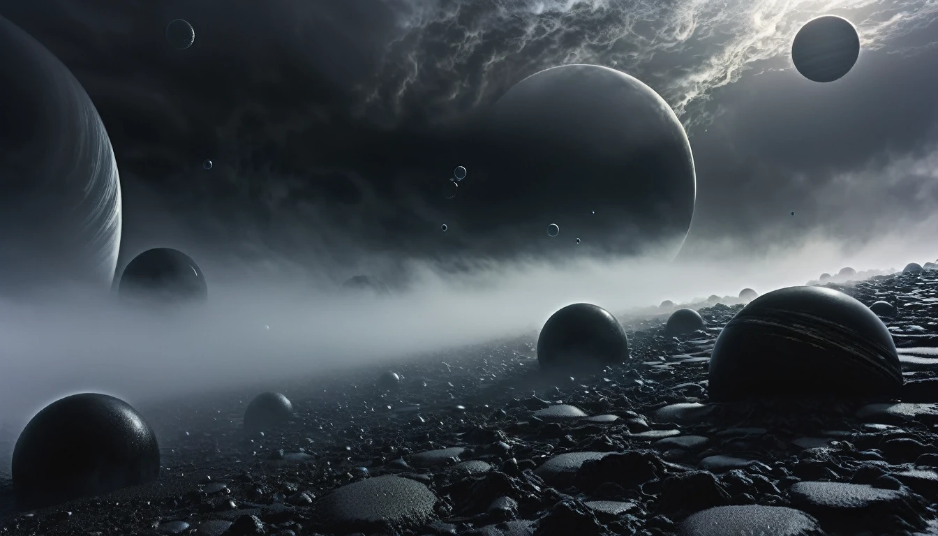 (((PLANETS ALMOST TOUCHING EXCHANGING MATTER))), ON A STORMY GRAY DAY THE GIANT BLACK PLANETS ARE SEEN, R STYLE.h. GIGER VERY CLOSE, ALMOST TOUCHING. SHOWS GRAVITATIONAL FIELD ABSORBING AND RELEASING MATTER MUTUALLY, 4k image, ALTA RESOLUCIÓN E hÍPER REALISTA, FILM DAYLIGHTING, CLOUDY DAY WITH FOG