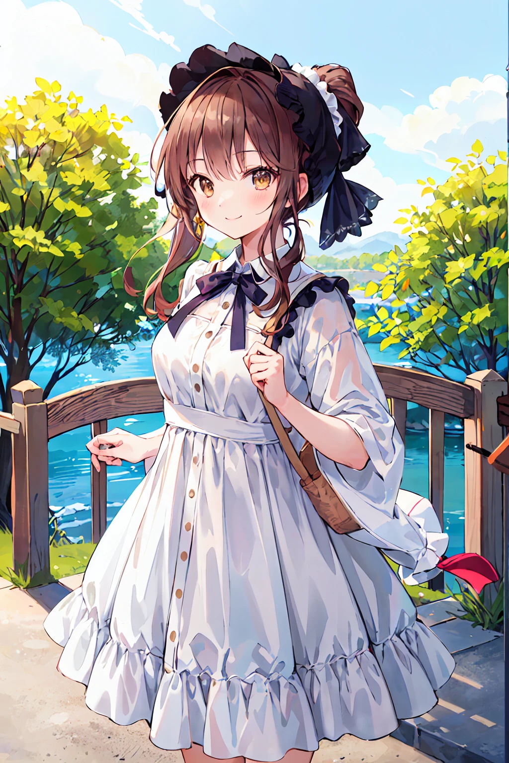 (masterpiece, Highest quality), One girl, smile, cute, Girl posing, Outdoor, Beautiful Face, bonnet, White Dress,Brown hair ponytail