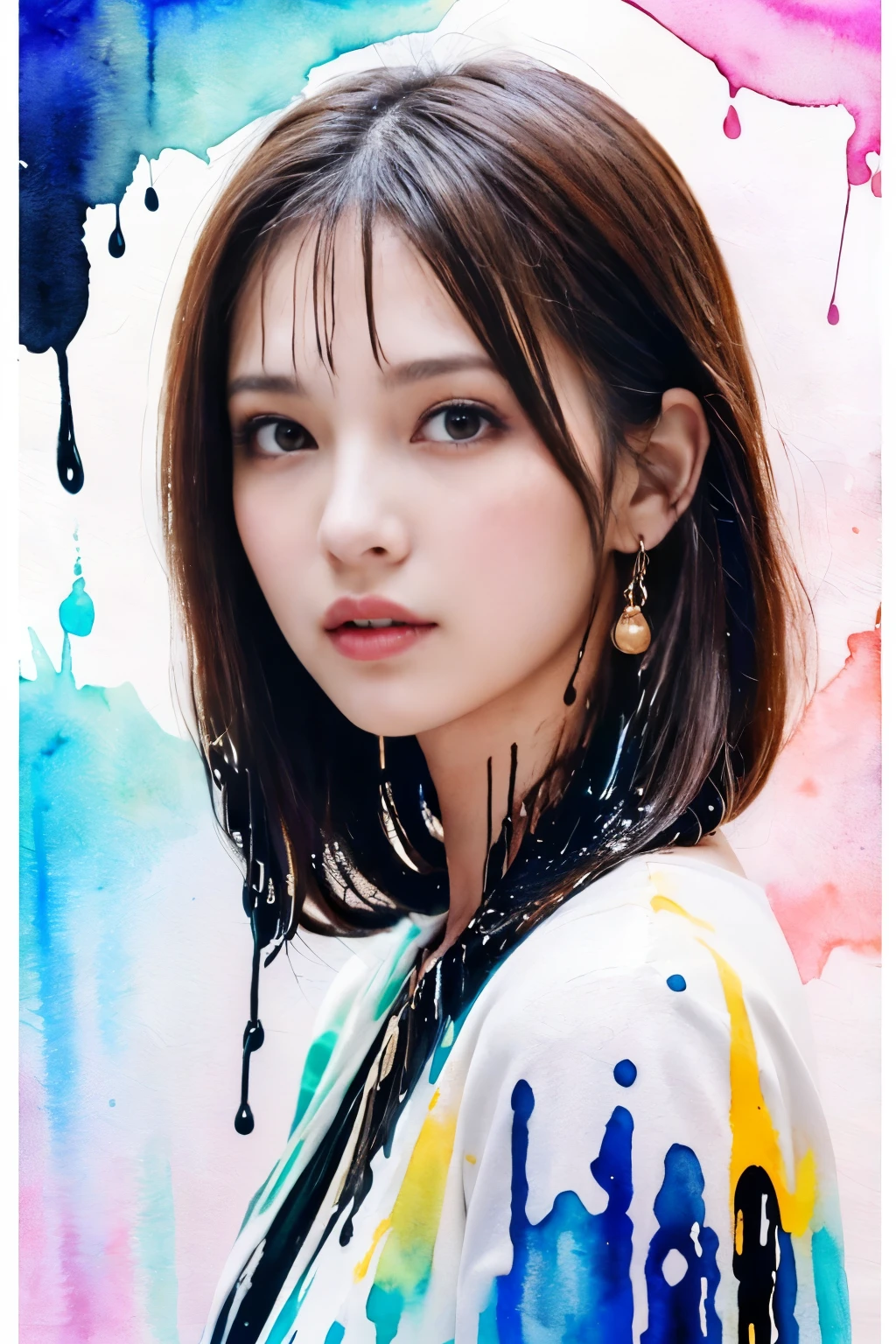 ((masterpiece:1.4, Highest quality)), (Photorealism), ((1 Girl)), (Portrait of a super beautiful girl), (looking at viewer), (watercolor background), (Bright design), (Picture background), (Space and galaxy pastel colors), (Fine ink splashes and drips background:1.5),