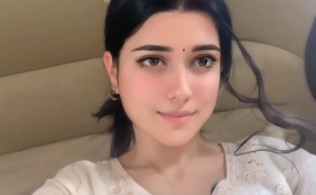 Sexy woman, black hair tied in a bun, smokey eyes, eyeliner, glossy lips parted, blushing intensely, smiling, wearing maroon kurta pajama with maroon sheer shawl, sitting on bed