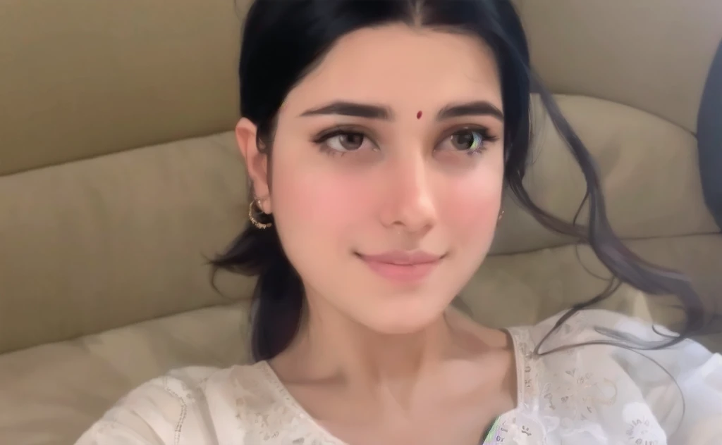 Sexy woman, black hair tied in a bun, smokey eyes, eyeliner, glossy lips parted, blushing intensely, smiling, wearing maroon kurta pajama with maroon sheer shawl, sitting on bed