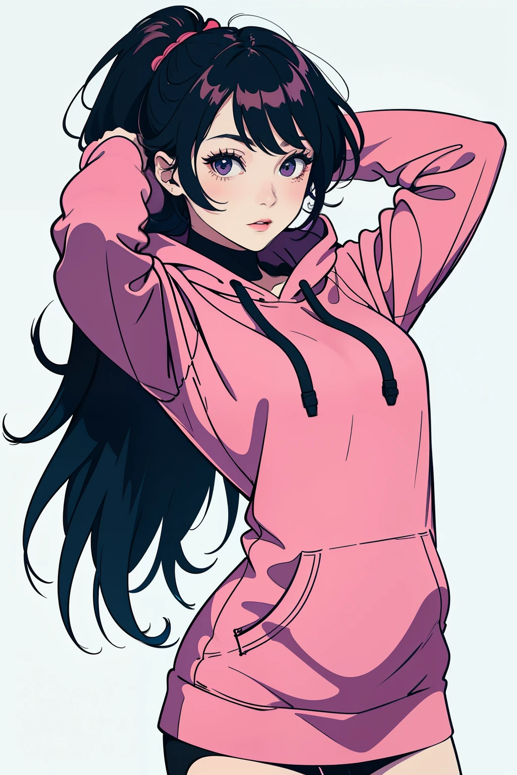 Create a vector design for a t-shirt featuring a stylish girl wearing a hoodie. The design should highlight her in a dynamic pose, capturing a sense of confidence and modern street style. The hoodie should have intricate patterns and a logo design on the front. Use a color palette of pastel pinks, purples, and whites, with subtle gradients to add depth. The overall style should blend elements of anime and minimalist digital art, with clean lines and a sleek finish. Include background elements like abstract shapes and geometric patterns to enhance the visual appeal.