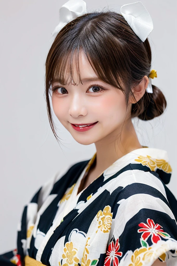 ((Highest quality, 8K, masterpiece: 1.3)),RAW Photos,Realistic atmosphere,Lens flare, Ray Tracing,Blurred grand fireworks,(Many colorful fireworks:1.2)Star Mine,Fireworks across the sky,Large fireworks,Huge fireworks,(Detailed beautiful white skin:1.3),Beautiful Japanese,27 years old, Detailed face,Bun Hair,A gorgeous hairstyle with red and gold hair accessories,(Yukata with floral pattern on white background:1.2),Japanese patterned yukata,(White yukata with sleeves:1.2),((Ribbon-type obi:1.3)),((An innocent smile:1.3)),