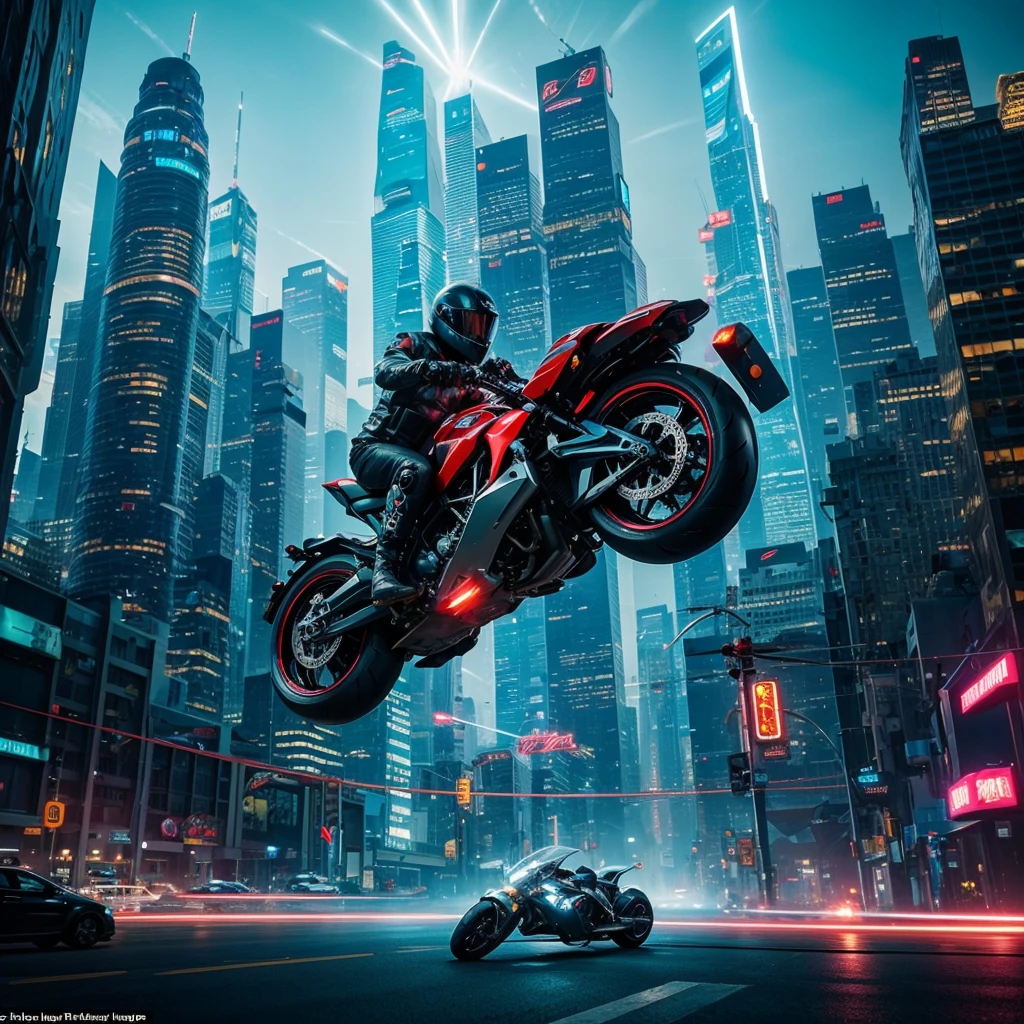 Imagine the scene, where the motorcycle floats in the air, surrounded by futuristic elements. Create an image of the future, where technology allows a motorcycle to fly over city skyscrapers, illuminated by neon lights and electric glare. Capture the dynamism and innovation of this scene, forcing the viewer to imagine the world, where the boundaries between heaven and earth are blurred.