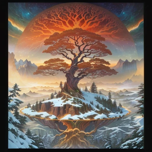 a painting of a tree on a mountain with a sky background, the world tree, world tree, Rob McNaughton, detailed cover, the tree of Life, Yggdrasil, fantasy art realistic painting, cosmic tree of Life, collective civilization tree, inspired by Johfra Bosschart, tree of Life seed of doubt, fantasy tree, tree of Life