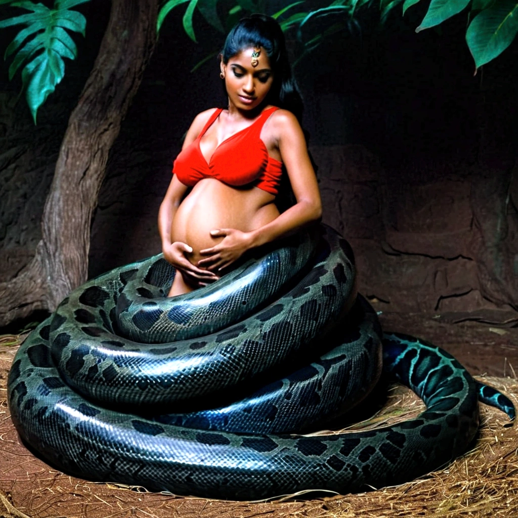 Pregnant Happy Horny, aroused 1girl), beautiful kneeling indian young girl with giant colossal black titanboa squeezing her hard, wrapped in thick spiraling coils, constricted, struggle, gasping for air, snake attack, snake peril, moonless night, dim light