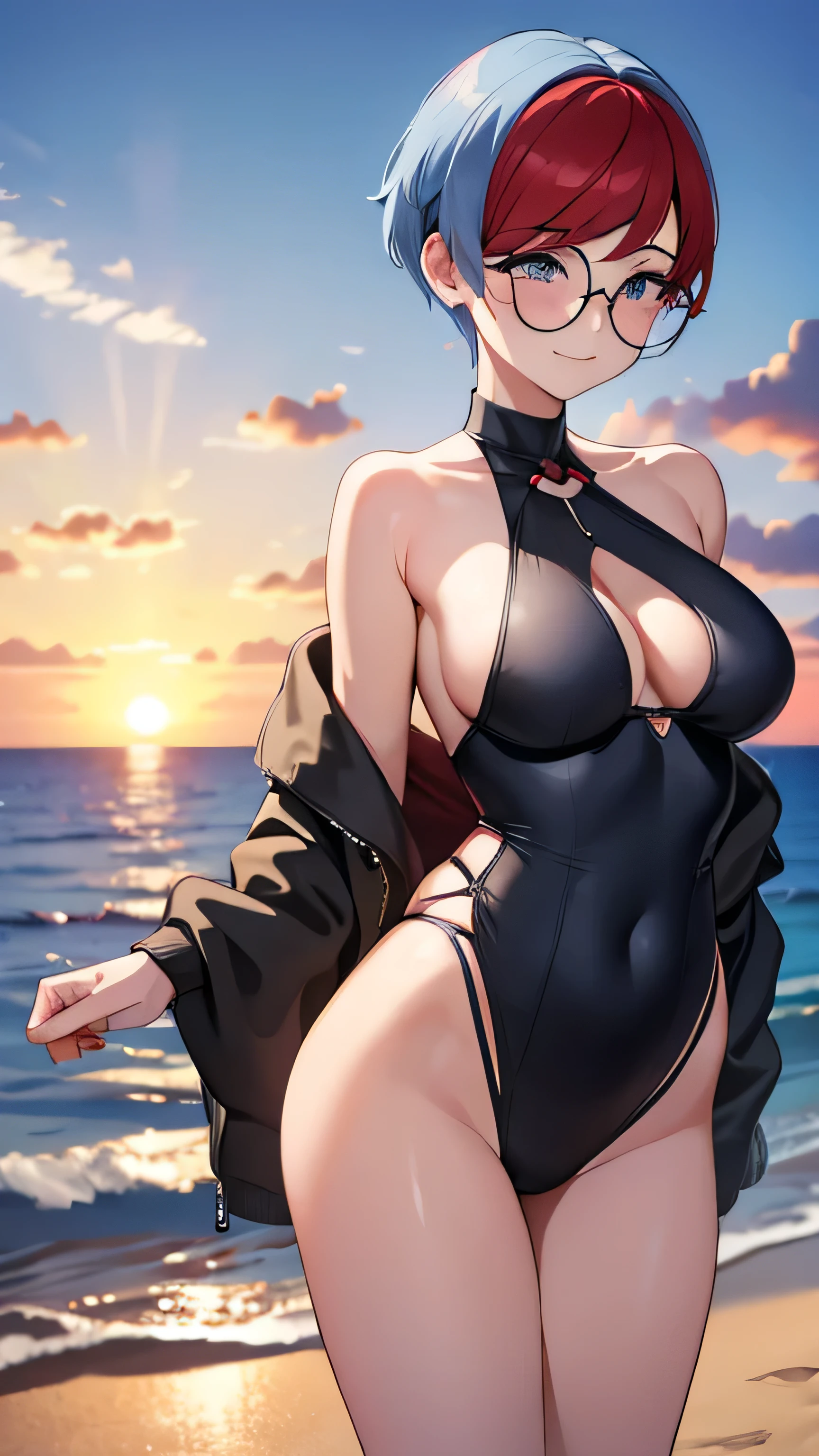 (erotic_anime_image), ((High_Quality)), ((Highly_Detailed)), ((Master_Handle)), ((Beautiful)), 1girl alone.(Pokemon_Penny) (smiling_coquettishly), (sexy_pose), (gray_eyes), (glasses ), (large_breasts), (skinny_tailoring), (red_and_light_blue_hair), (She wears_short_hair_with_fringe_the_part_of_the_fringe_is_red_color_about_a_quarter_on_the_right_side_is_also_red_and_the_rest_of_her_hair_is_blue), (swimsuit), (beach) _on_the_shore_of_the_sea_with_a_sunset)