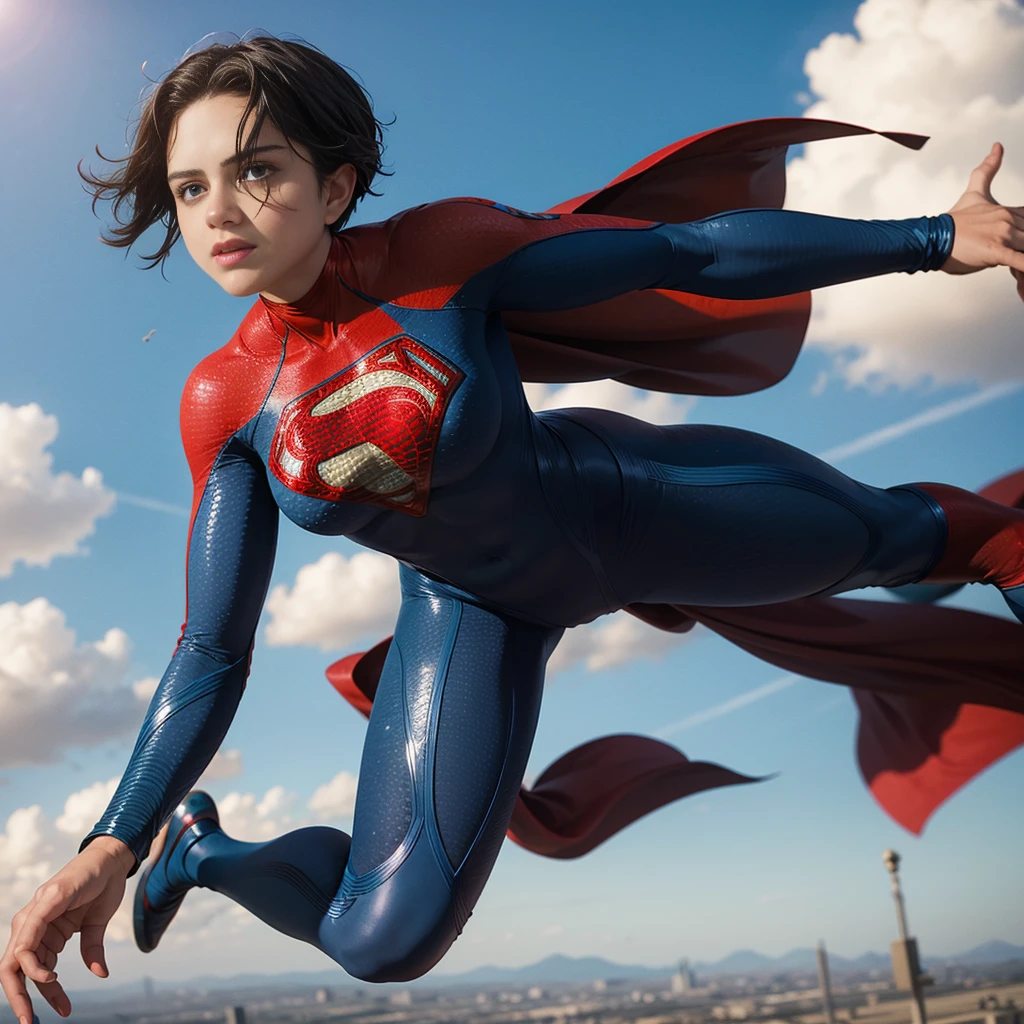 solo, 1girl, 5uper, supergirl, black hair, pixie haircut, blue eyes, blue bodysuit, long sleeves, red cape, floating down towards earth